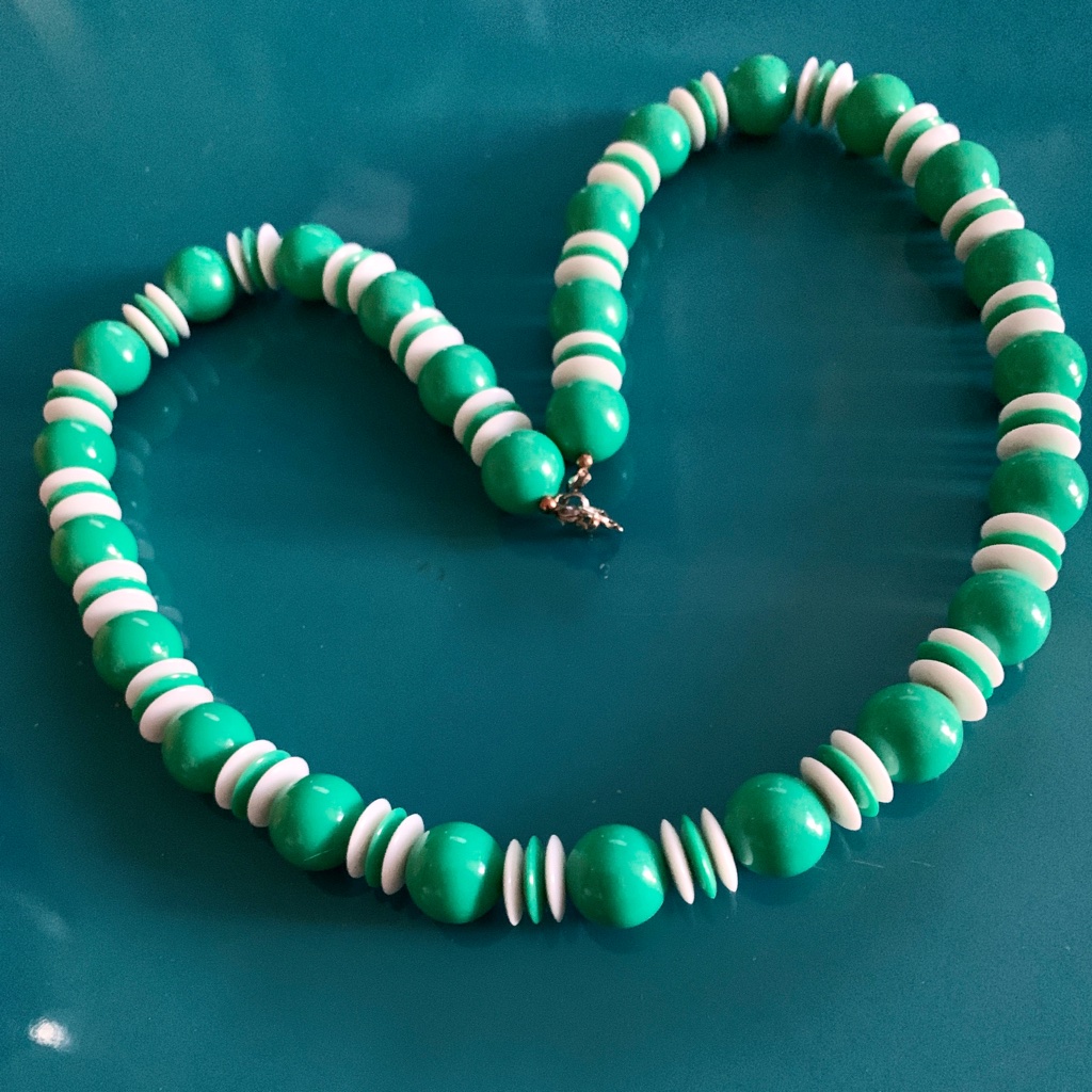 Retro 1960’s Lime Green & White Bead Plastic Necklace - Festival Wear